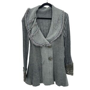 Lagenlook Boho Sweater Jacket XL Gray Rabit Fur Trim Embroidered Chunky Artsy